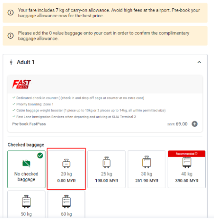 Airasia international flight baggage price online