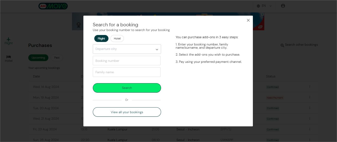 Airasia manage booking add baggage sales