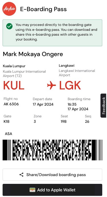 エアアジア 航空券 AirAsia フライト: E-搭乗券